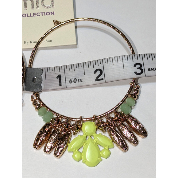 MIA Collection Hoop Earrings Gold Tone Green Beads Neon Yellow Dangle Statement - Picture 4 of 8